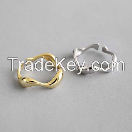 925 Solid Silver Open Ring For Women Irregular Geometric Shape Unique Jewelry