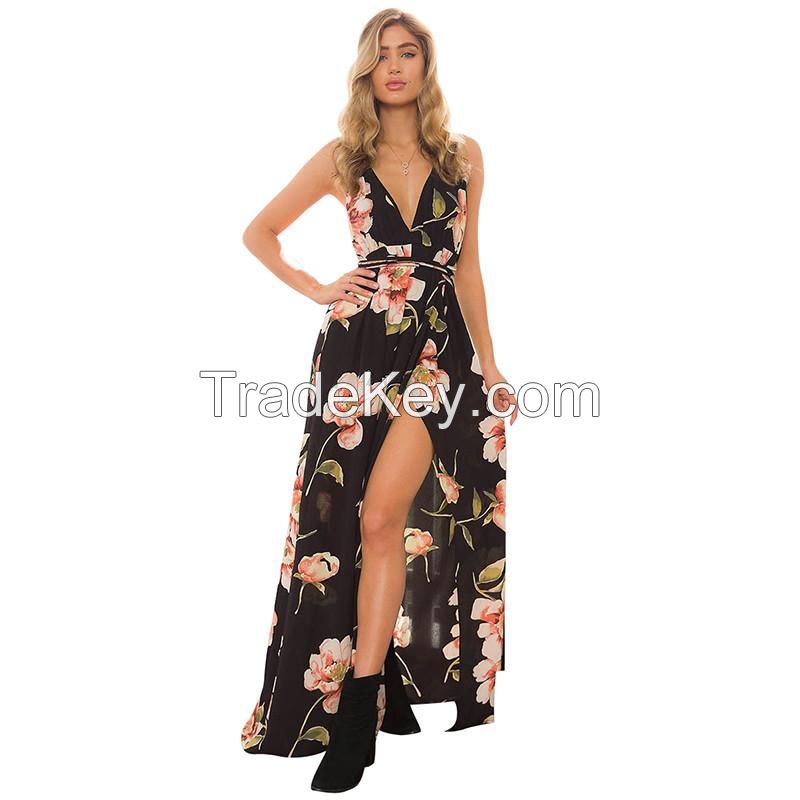 Fashion-New Summer Maxi Dress Women Floral Print Dress V -Neck Sleeveless Spaghetti Strap Backless Side Split Sexy Long Dress Wholesale