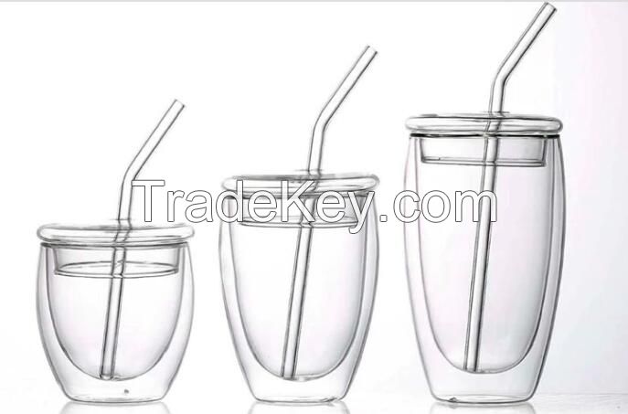 double wall insulated glass cup with straw