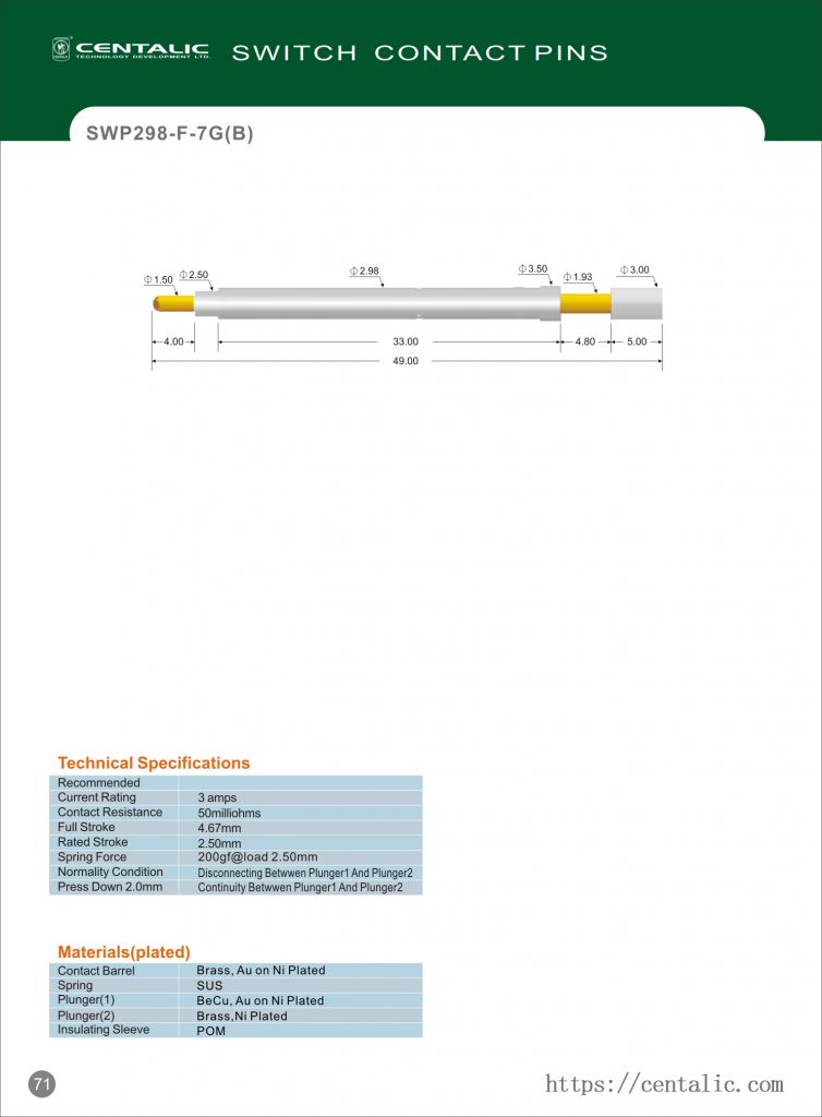 Switch Probe Pogo Pin SWP298 Series for Electronic Test