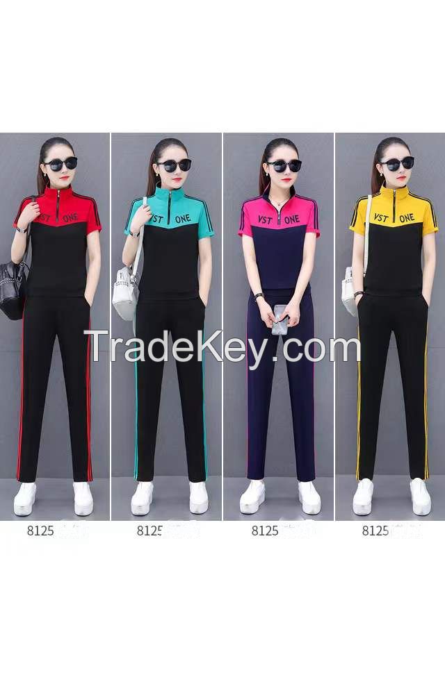 Monisa Lady Summer Sports Leisure  Suit With Half Zipper With Color Matching