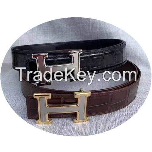 Belt Men And Women Crocodile Pattern H Letter Gold And Silver Buckle Double Sided Leather Belt