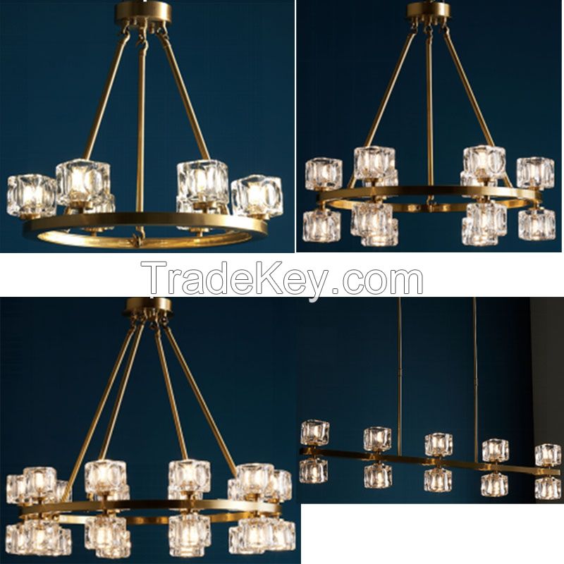 Luxury copper Crystal Chandelier Brass Crystal cubic glass hotel lobby living room lighting bedroom dinning room Lamp