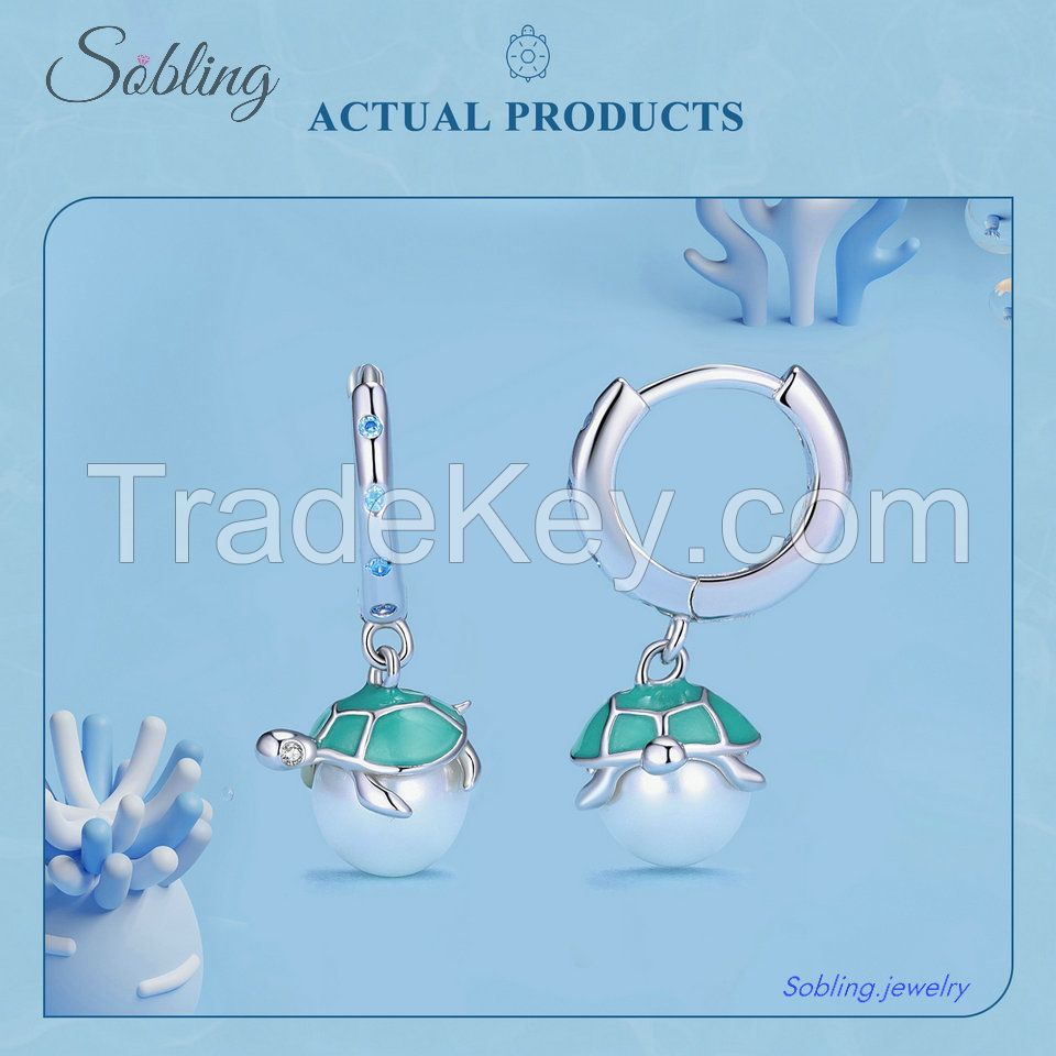 Sobling 925 Sterling Silver round hoop Earrings with Aqua enamel sea turtle cap freshwater pearl dropped and bezel settings sapphire corundum by Platinum color For Women