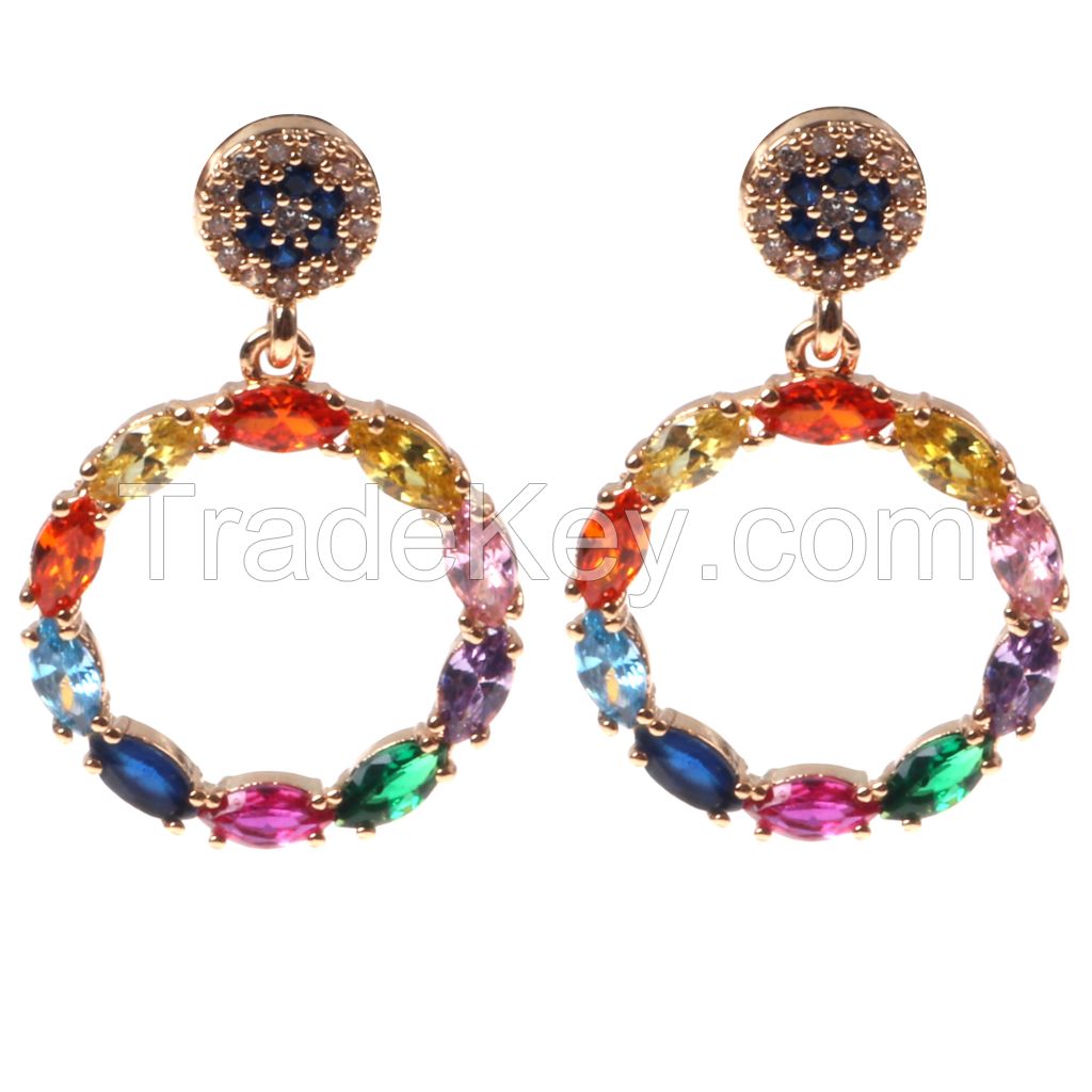 Multi Color Cubic Zirconia Delicate Dangle Circle Simple Earring Real Rose Gold Plated Fashion Jewelry For Girl/ Women Gift