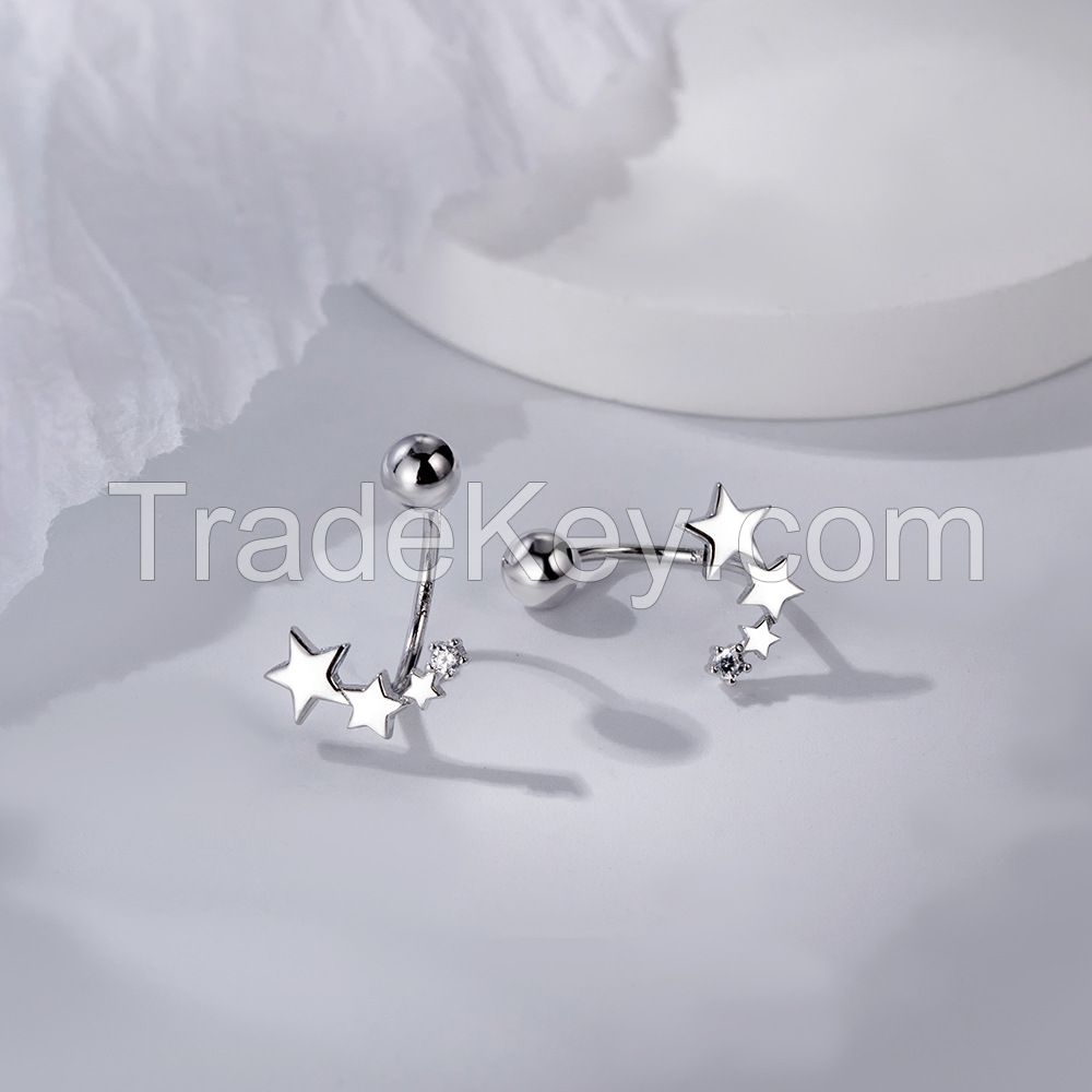 Women's Silver Screw Studs Earring Five Star And Ball Plug Earrings