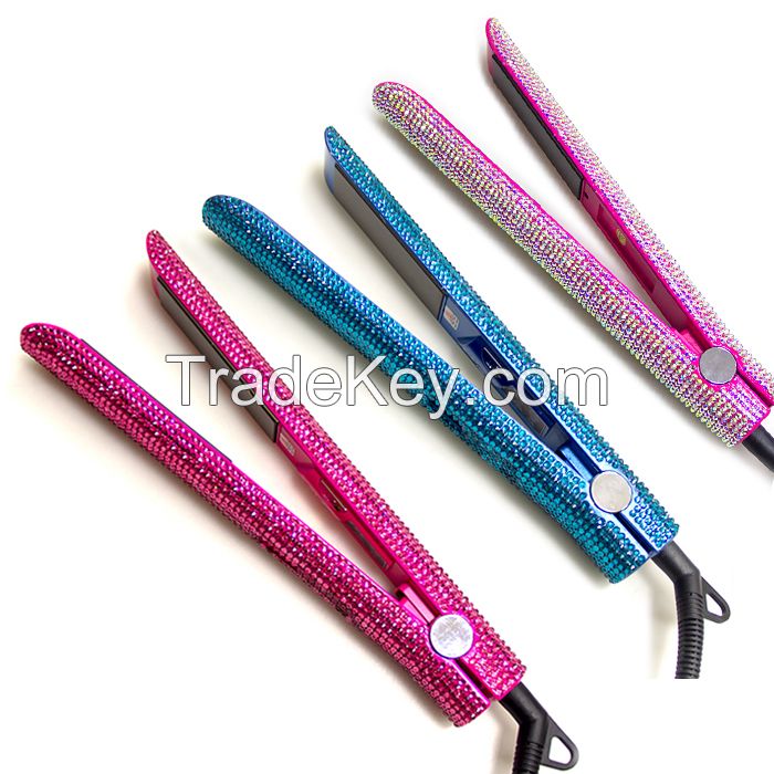 Professional Crystal Hair Flat Iron Titanium Plate Diamond Hair Straightener Crystal Hair Styling Hot Tools with Bling Crystals