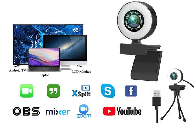 HD camera with LED lights, High resolution webcam for online meetings, video calls, live broadcasting and game streaming 