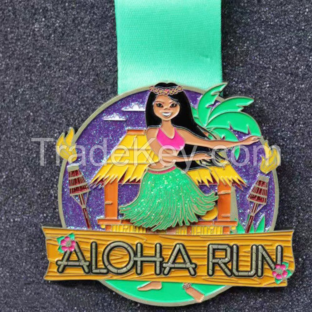 High Quality Zinc Alloy Soft Enamel Your Own Metal Glitter Funny Running Medal with Ribbon