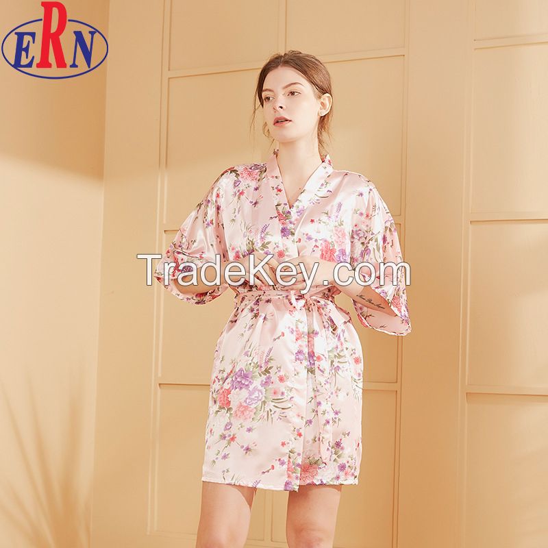 Silk Satin Wedding Bride Bridesmaid Robe Floral Bathrobe Short Kimono Robe Night Robe Bath Robe Fashion Dressing Gown for Women