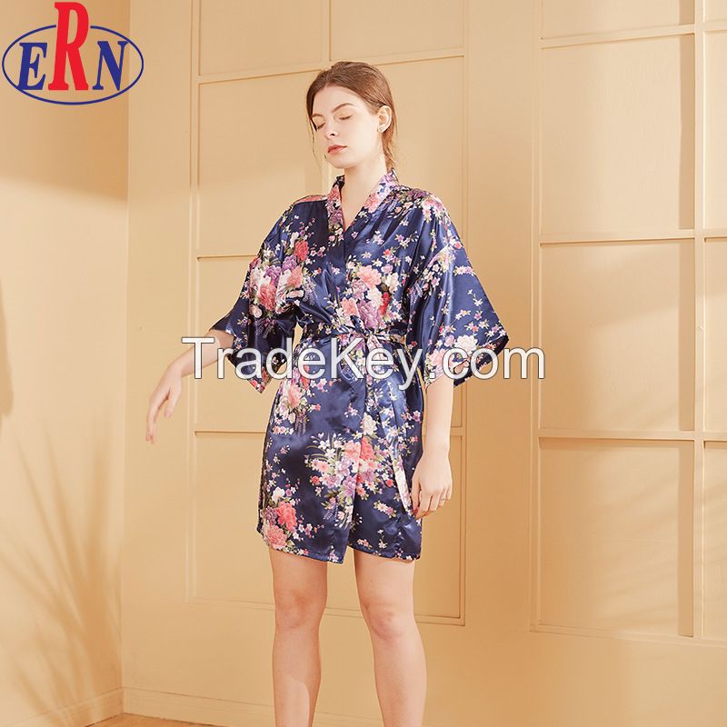 Silk Satin Wedding Bride Bridesmaid Robe Floral Bathrobe Short Kimono Robe Night Robe Bath Robe Fashion Dressing Gown for Women