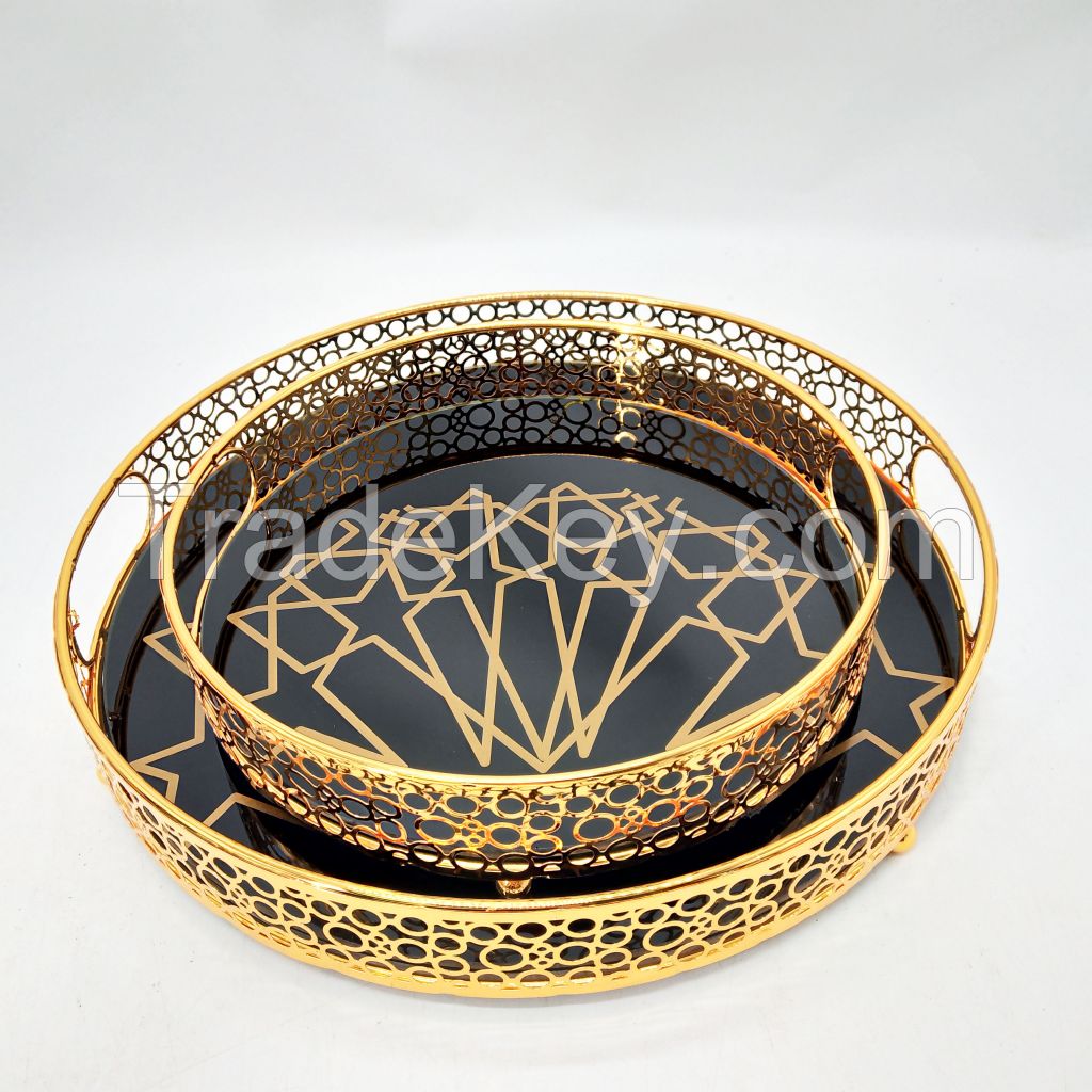 new design black glass mirror tray for food gold metal serving tray