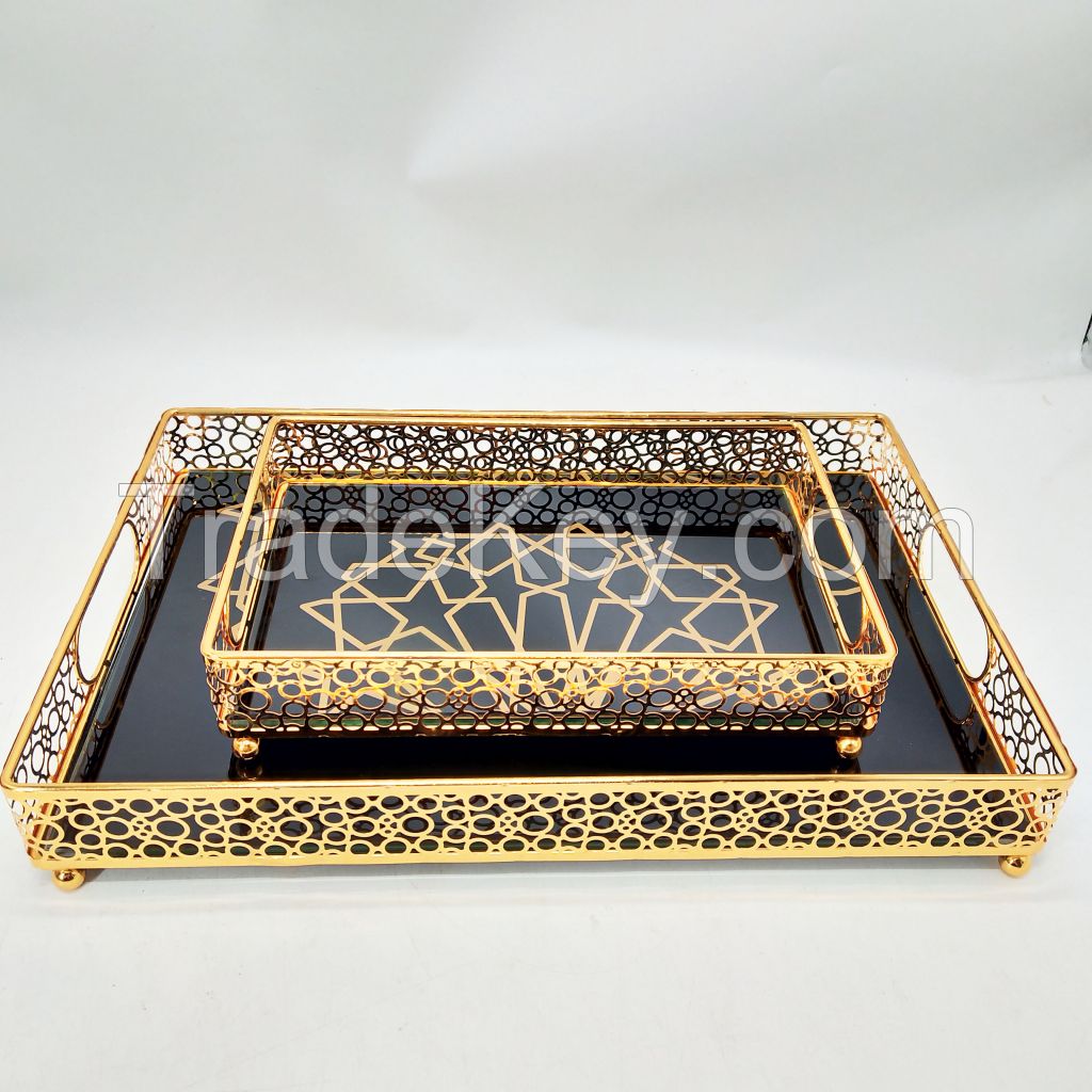 new design black glass mirror tray for food gold metal serving tray