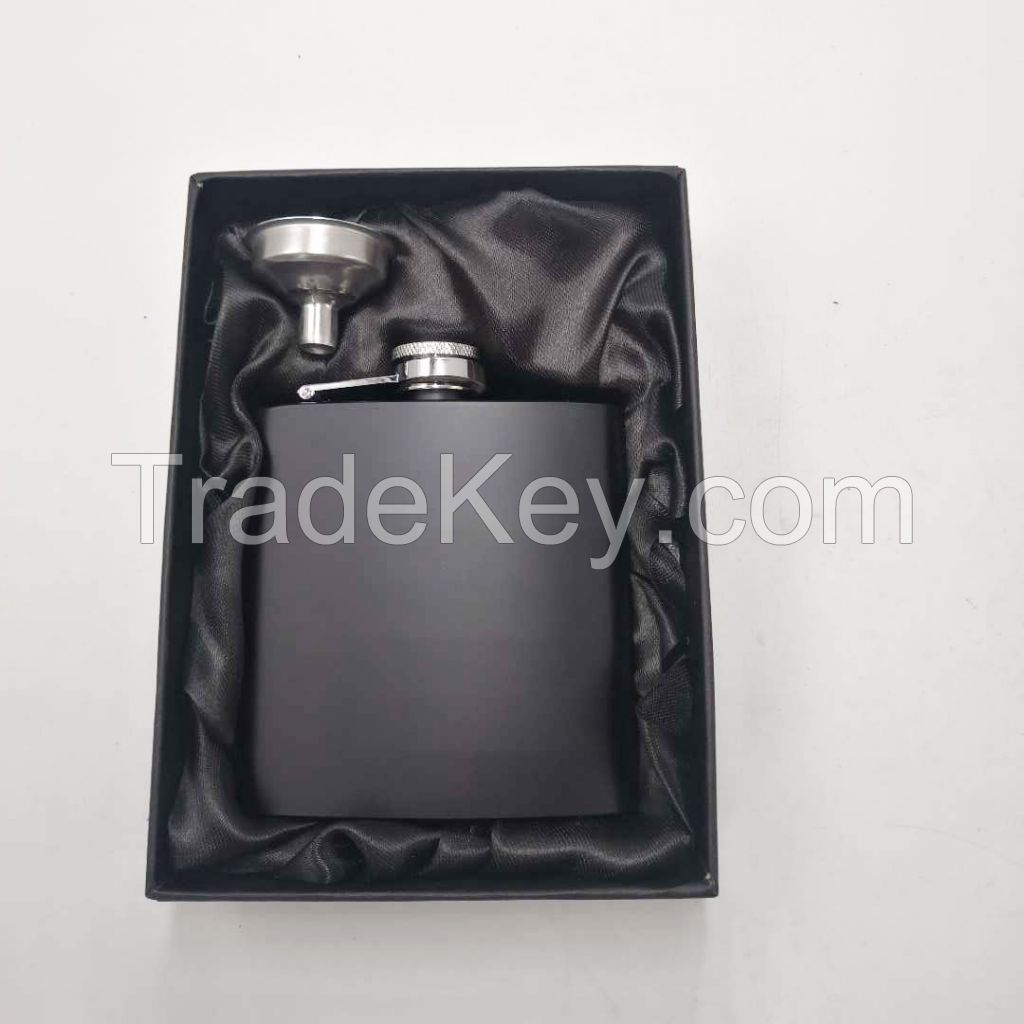 6oz black hip flask with a funnel set in a black gift box 