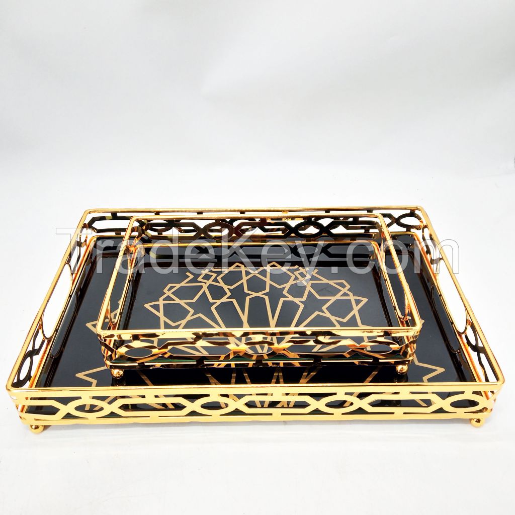 new design black glass mirror tray for food gold metal serving tray