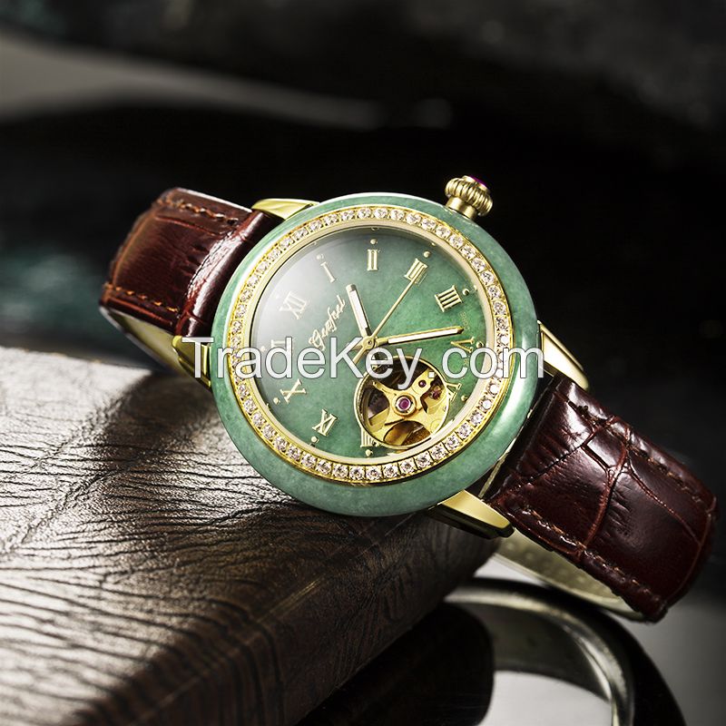 Brand luxury Japanese automat mechanical jade watch with CZ stones