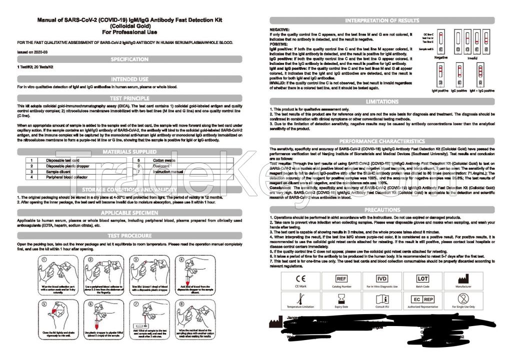 Covid-19 Antibody Fast Detection Kit 1 box (1 box with 20 persons sets, CE Standard)