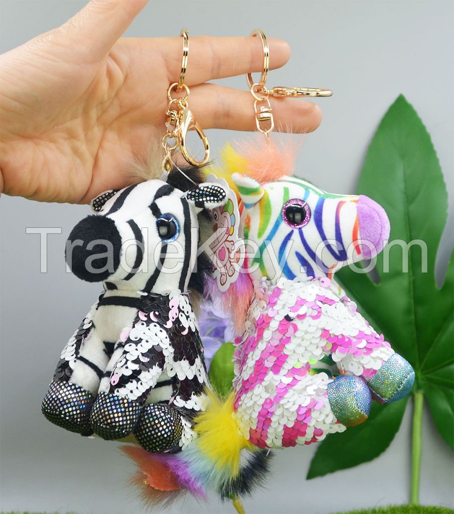 AYZTOYSequin zebra horse plush toy bag Clothing leather key ring buckle