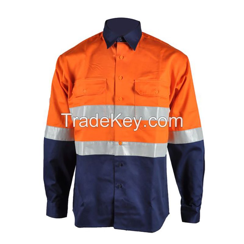 Wholesale high visibility cotton men's long sleeve work shirt with reflective strips