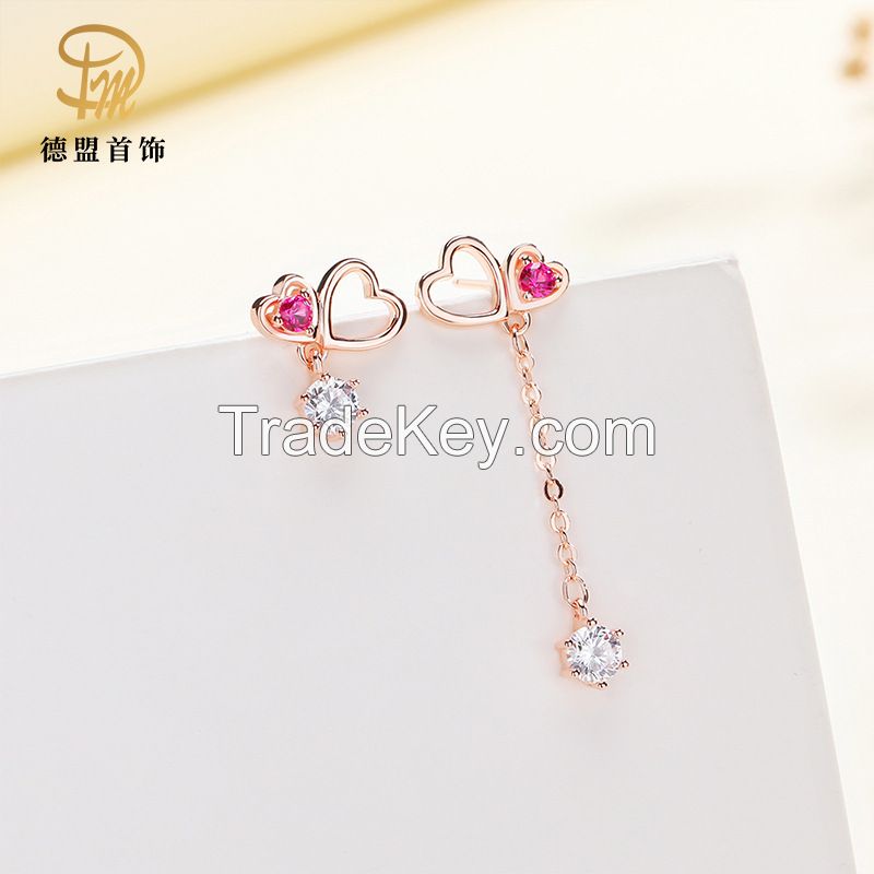 925 Sterling Silver Color CZ Stud Drop Asymmetrical Earrings With Heart Shaped