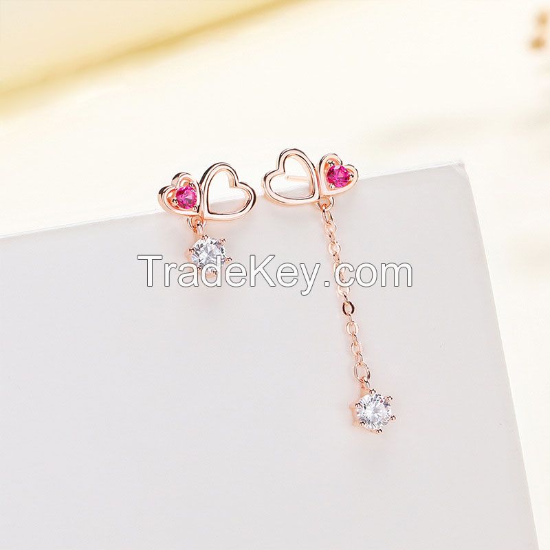 925 Sterling Silver Color CZ Stud Drop Asymmetrical Earrings With Heart Shaped