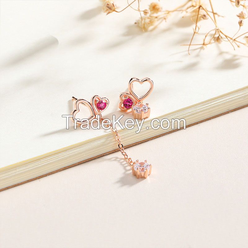 925 Sterling Silver Color CZ Stud Drop Asymmetrical Earrings With Heart Shaped