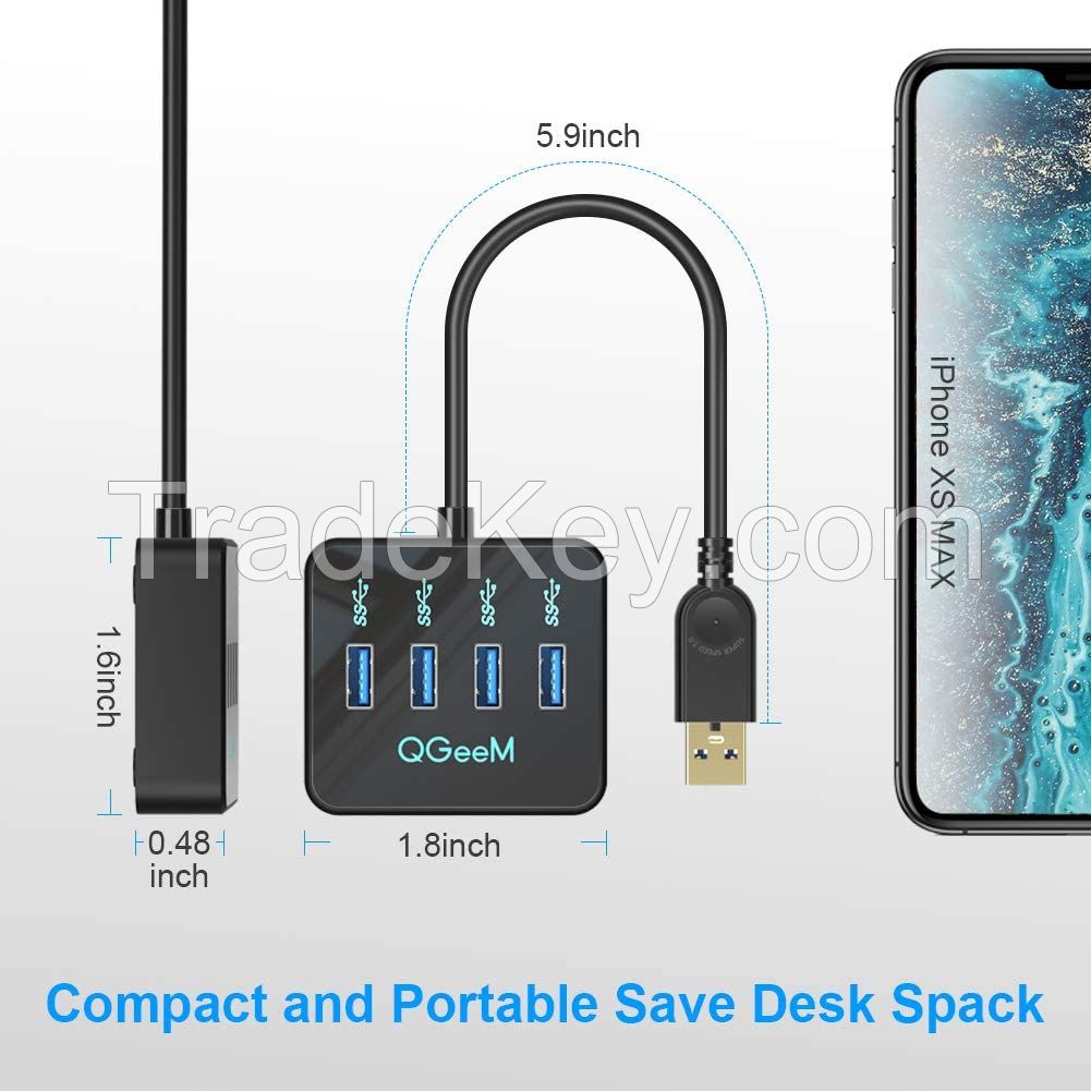 USB 3.0 Hub, QGeeM 4-Port Data USB Splitter Ultra Slim USB Adapter Compatible with Macbook, Mac Pro/mini, iMac, Surface Pro, XPS, Notebook PC, USB Flash Drives, Mobile HDD, USB Extender