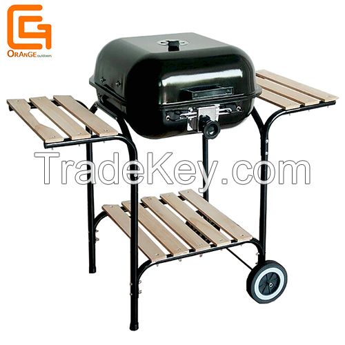 Square Outdoor Burger Charcoal Bbq Grill with Wooden Side and Shelf