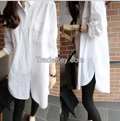 Spring and autumn new large-size women&#039;s pocket Korean version of long loose casual long-sleeved white shirt shirt