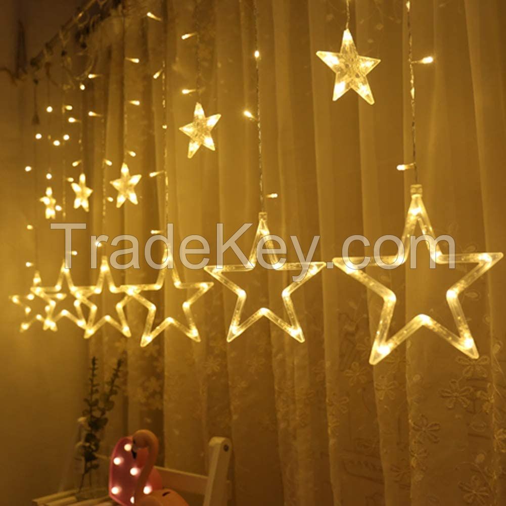 12 Stars 138 LED Curtain String Lights Window Curtain Lights with 8 Flashing Modes Decoration for Christmas Wedding Party Home Decorations (Warm White) 