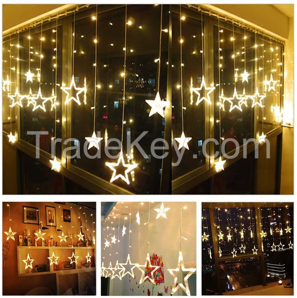 12 Stars 138 LED Curtain String Lights Window Curtain Lights with 8 Flashing Modes Decoration for Christmas Wedding Party Home Decorations (Warm White) 