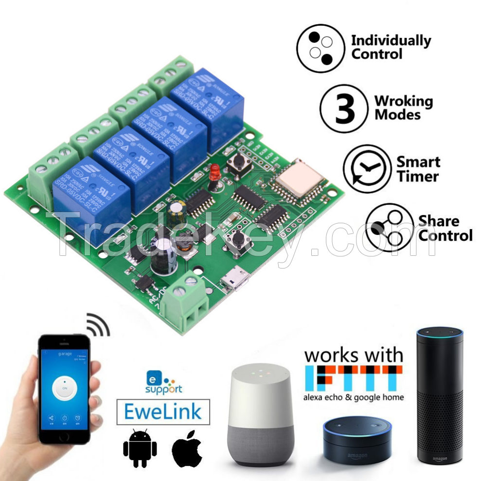 Lonten DC5V 4 Channel 10A Relay WiFi Wireless Delay Relay 4Way Module APP Remote Control for Smart Home Android IOS