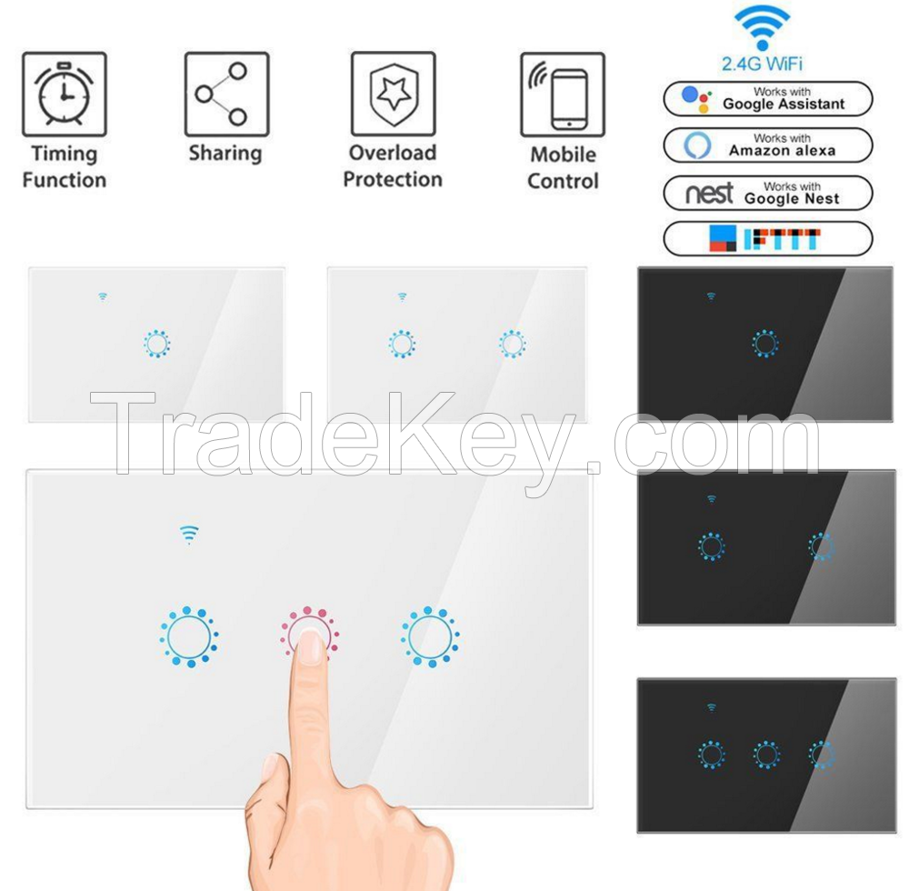 US EU Smart Wifi Wall Touch Switch 1/2/3 Gang Glass Panel light Switch Black/white smart home 