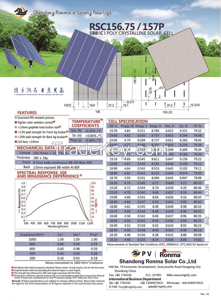 5BB poly crystalline solar cell high efficiency wafer size 157*157mm 