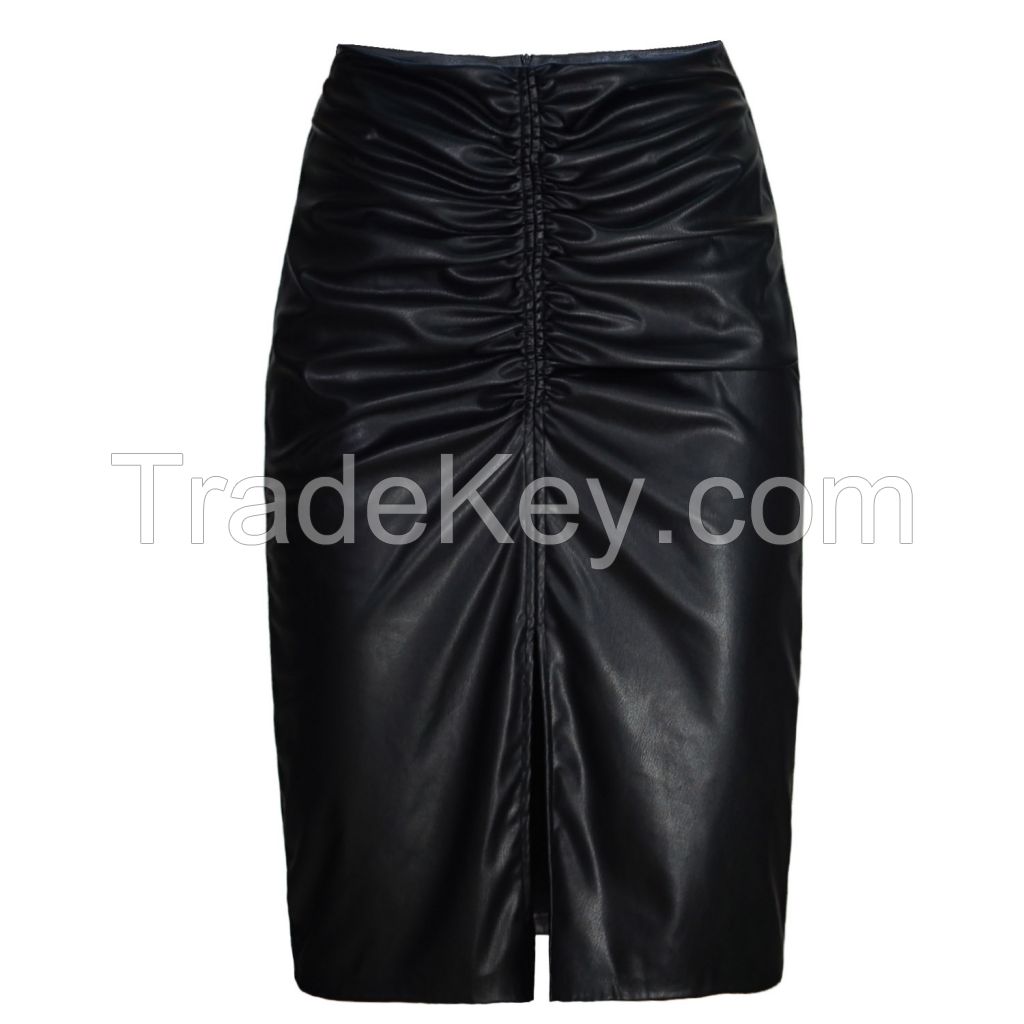 Satin Ladies Top and PU Pencil Skirt