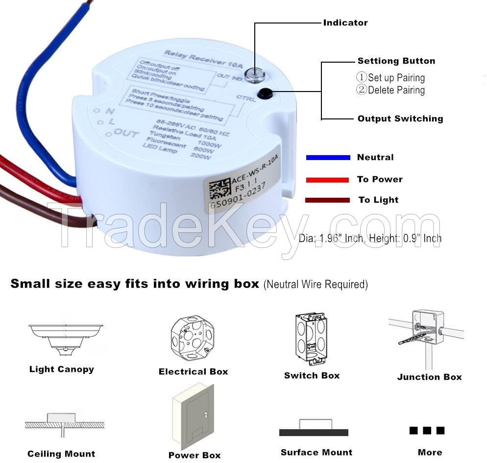 Wireless Lights Switch Receiver, Signle Pole Controller Works with Kinetic Switch to Remote Control Light Fixture On/off, AC85-265V Input 10 Amps (Receiver Only)