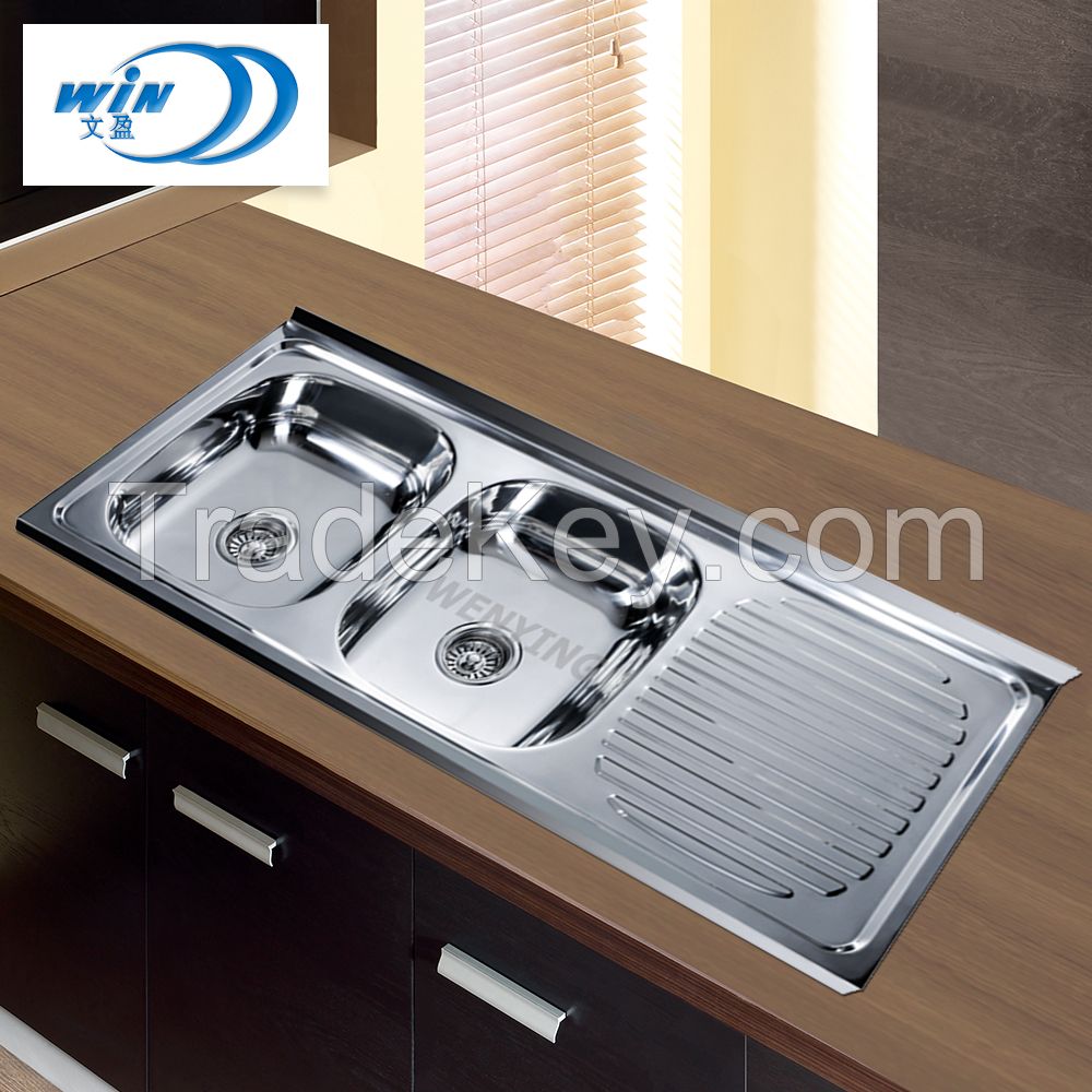  Stainless Steel Kitchen Sink Double Bowl with Drain Board 12050dB