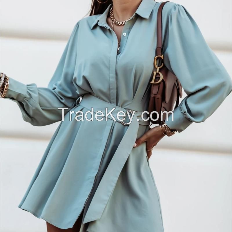 AW21# Autumn Women Dress Long Sleeve Turn Down Collar Solid Party Mini Vesitdos Y1339B