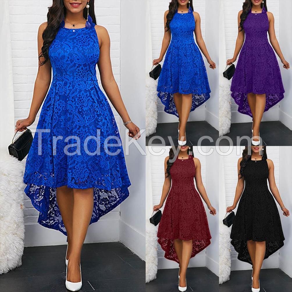 New Fashion Floral Lace Women Solid Color Sleeveless Irregular Hem Formal Party Midi Dress