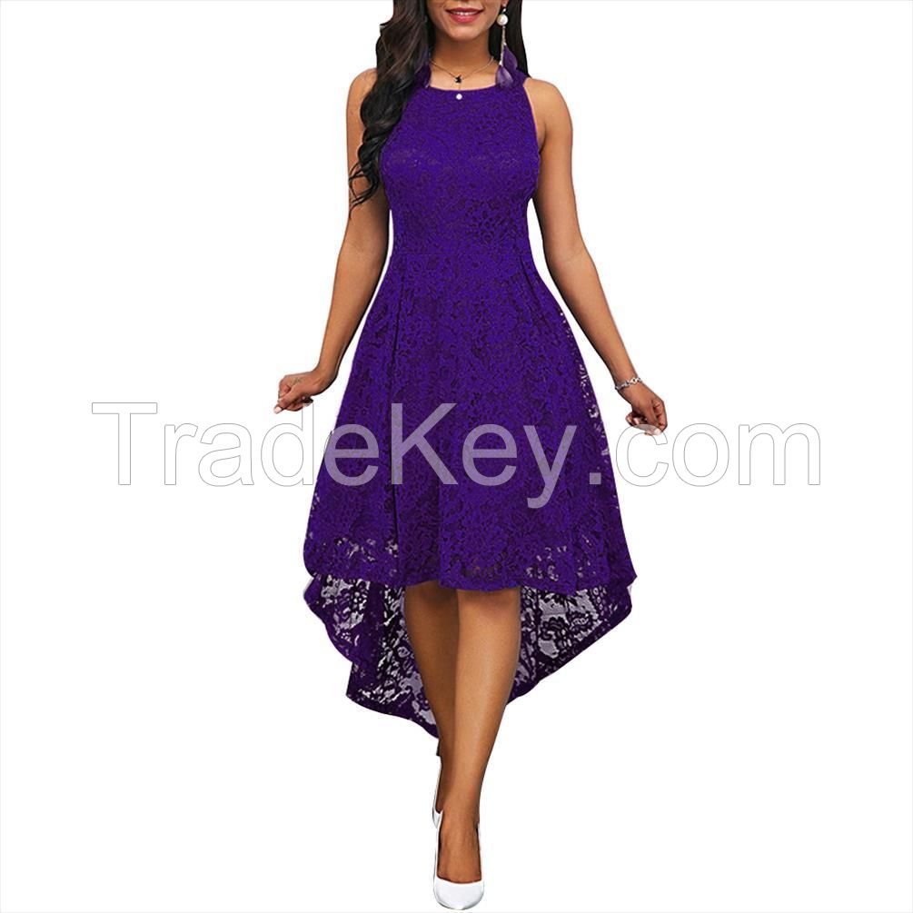 New Fashion Floral Lace Women Solid Color Sleeveless Irregular Hem Formal Party Midi Dress