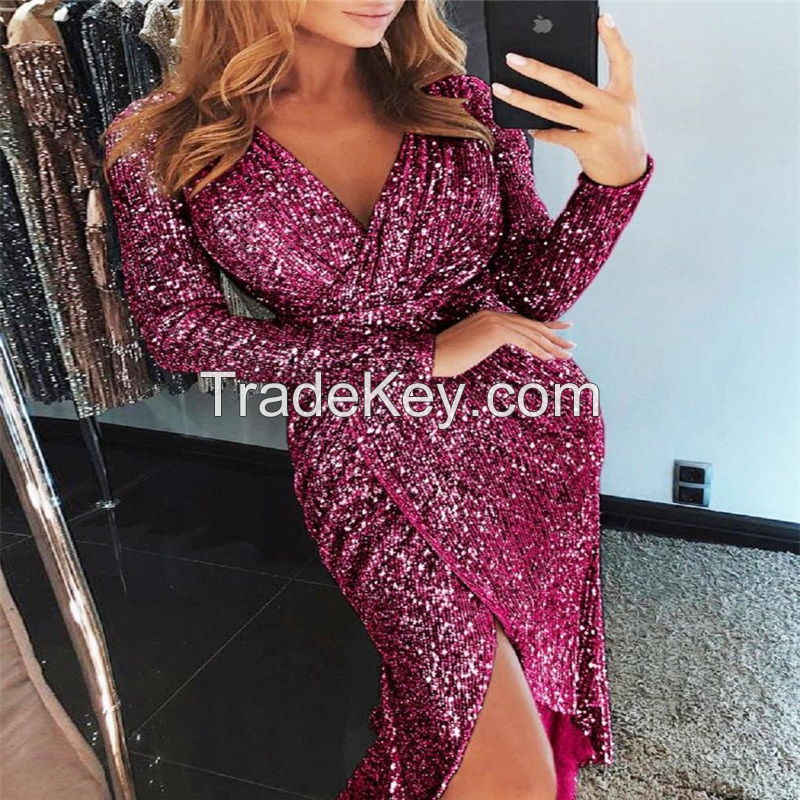 SS21# Long sleeve V-neck Shine sexy sequin dress for lady