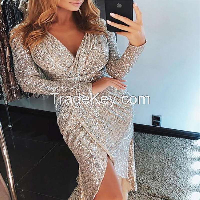 SS21# Long sleeve V-neck Shine sexy sequin dress for lady