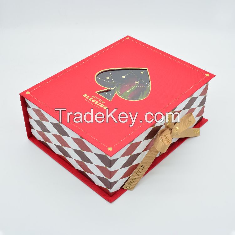 Customization cosmetic packaging embossed gold foil book shaped gift boxes with ribbon closure