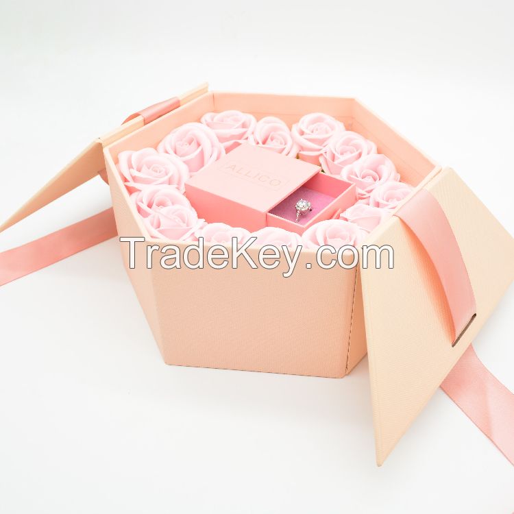 Customized wholesale hexagon jewelry flower box elegant magnetic paper valentines gift boxes with ribbon