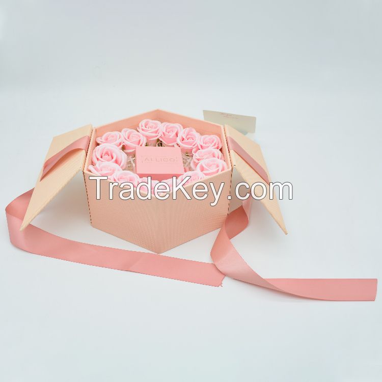 Customized wholesale hexagon jewelry flower box elegant magnetic paper valentines gift boxes with ribbon