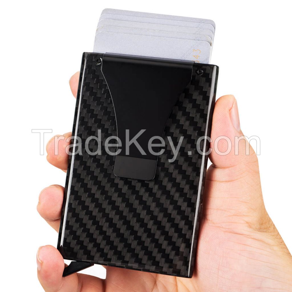 Back Pocket ID Carbon Fiber Card Holder RFID Blocking Slim Automatic Pop up Credit Card Wallet