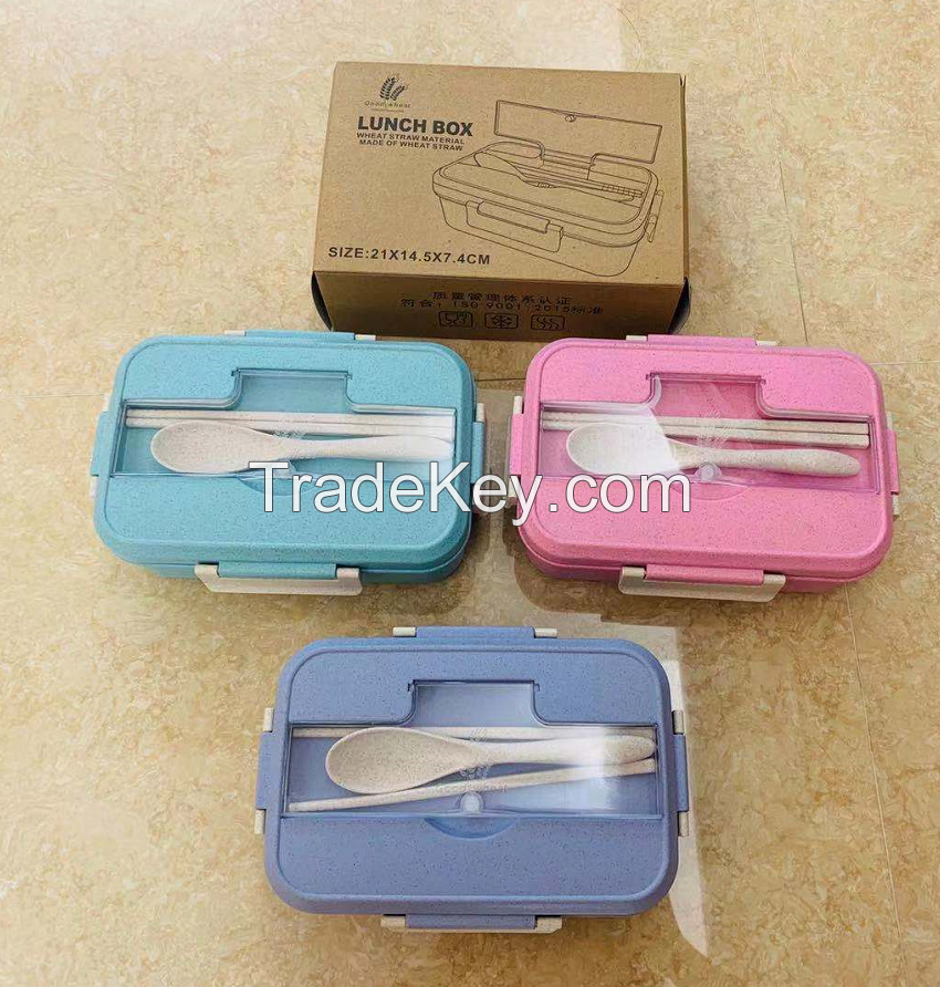 Wheat And Straw Grade Material Leak Proof 3 Layer Container Food Plastic Bento Student Lunch Box With Spoon And Fork