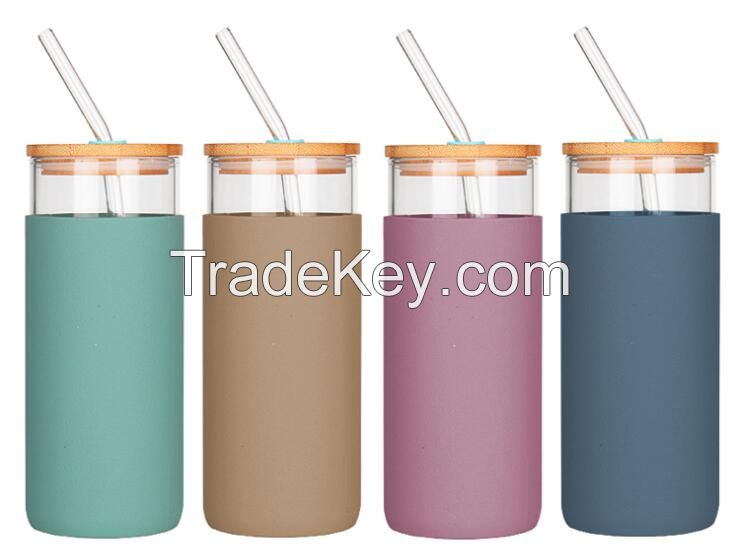 glass water bottles with straw lid  bamboo glass bottles