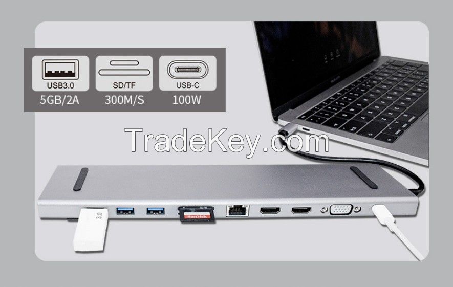 USB C Docking Station 11 in 1 3USB 3.0 2HDMI VGA TF SD RJ45 Audio USB-C 