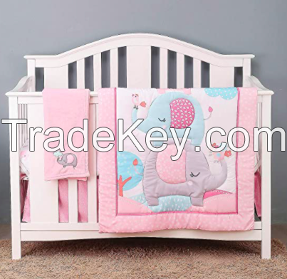 4 Piece Nursery Bedding Set - Baby Girl Crib Bedding Set Pink Elephant Nursery Bedding Crib Set | Crib Comforter, Fitted Sheet, Dust Ruffle,Blanket